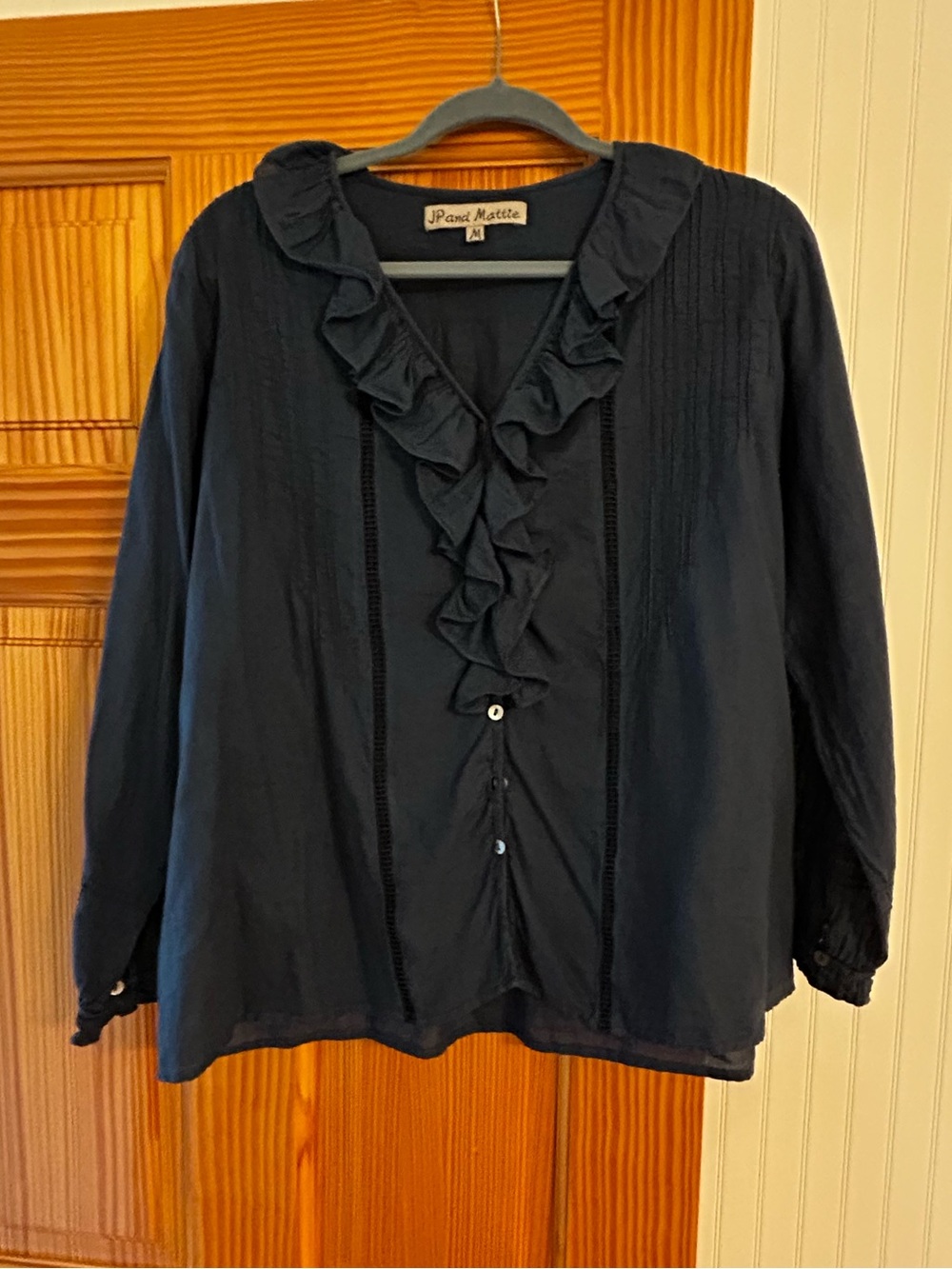 JP and Miette Navy Ruffle-Front Blouse